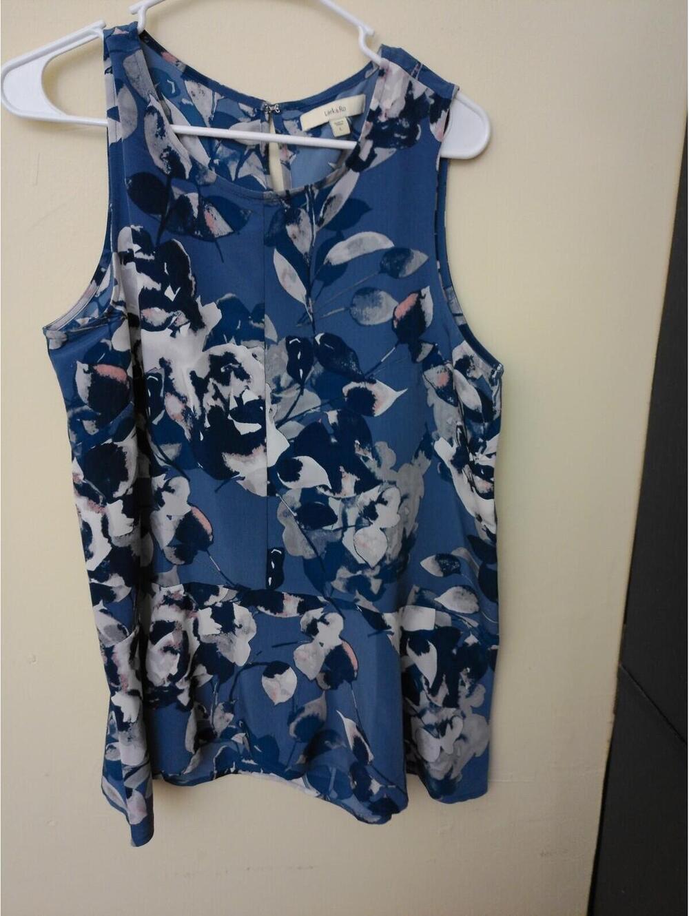 Lark & Ro Sleeveless Peplum Blouse Womens Blue Floral Top Size L Keyhole Back